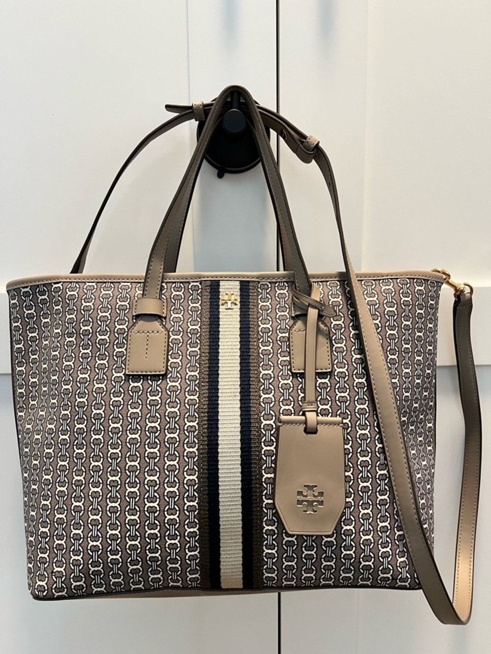 ⭐️Tory Burch Gemini Link Canvas Tote Crossbody Strap Neutral Stripe Taupe & Navy